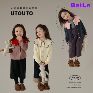 [baile Little forest] Áo Khoác Len cardigan Cổ Bẻ Lượn Sóng Lớn Màu Trơn Phong Cách Công Chúa Ngọt Ngào Hợp Thời Trang Xuân Thu Dành Cho Bé Gái