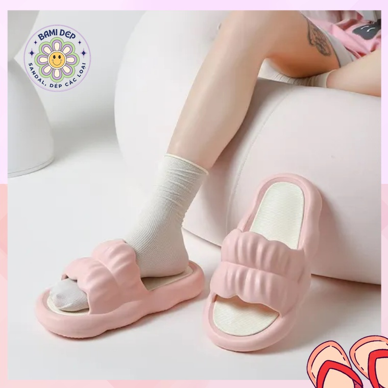 Dép Bánh Mì Nữ Đế Mềm Êm Chân Quai Ngang Nhún Cánh Hoa Màu Pastel Đi Trong Nhà Hot Trend
