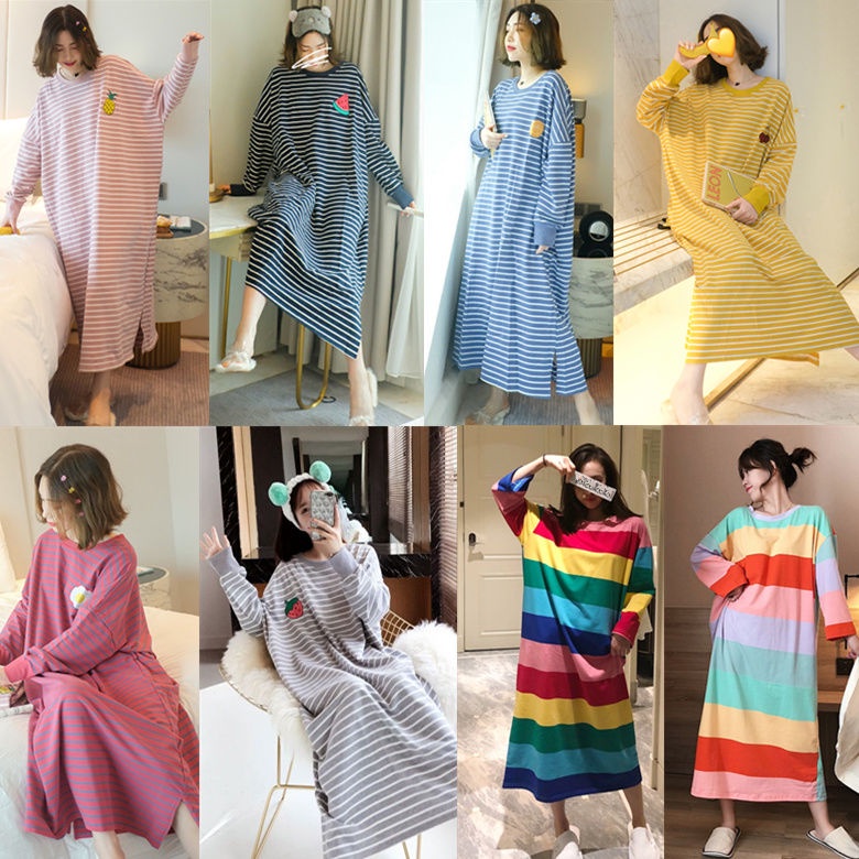 Đầm Ngủ Tay Dài Dáng Rộng Kẻ Sọc In Hình Trái Cây plus size