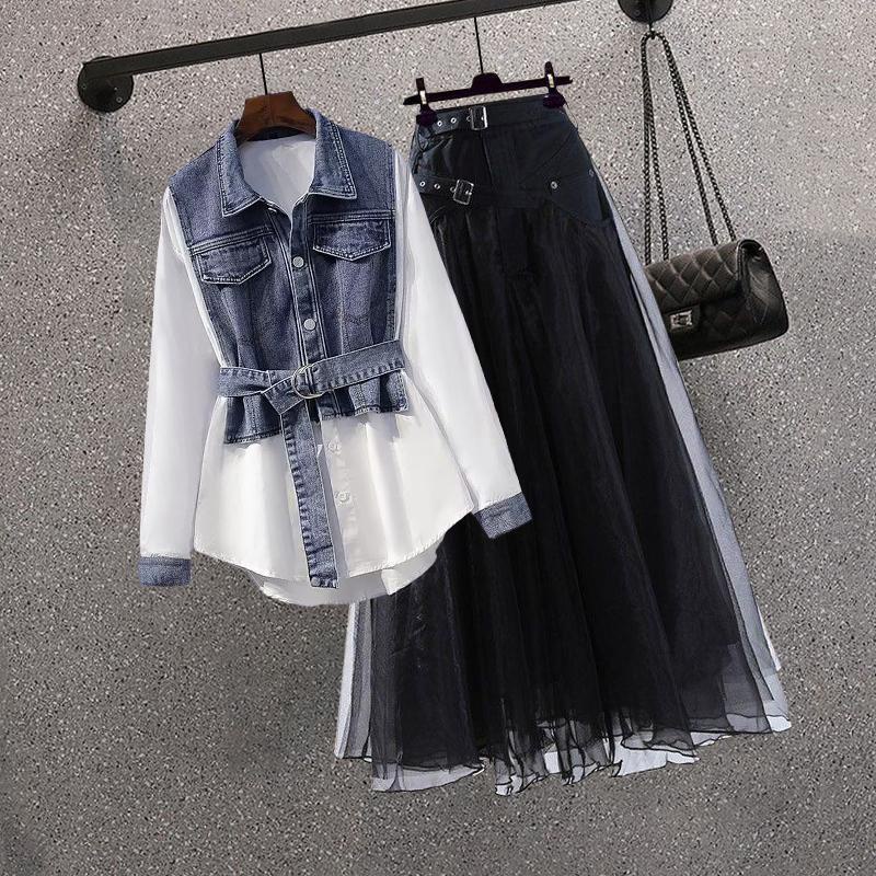 Set Áo Sơ Mi Và Chân Váy denim Phong Cách Thời Trang Đường Phố 2023 plus size#0821#