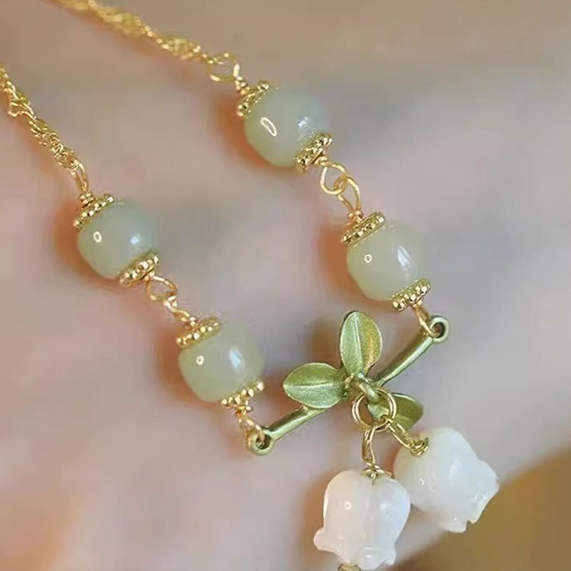 Vòng Tay Chuỗi Hạt Đá Tự Nhiên / Hoa Lan / Chuông Màu Xanh Lá / Ngọt Ngào Cho Nữ