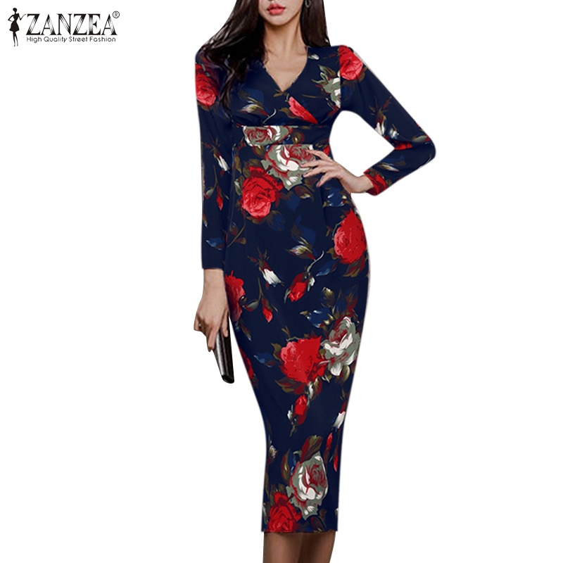 Zanzea Đầm Nữ Dài Tay Cổ Chữ v In Hoa Thời Trang