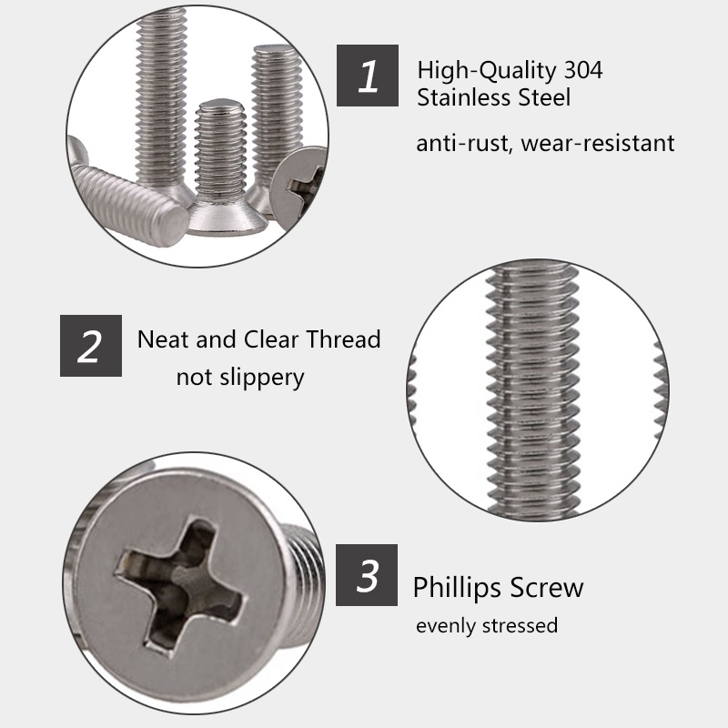 M4 M5 304 Thép không gỉ Phillips Countersunk Vít Đầu phẳng Vít Cross lõm Bolt Chiều dài 4mm-70mm Millimeter