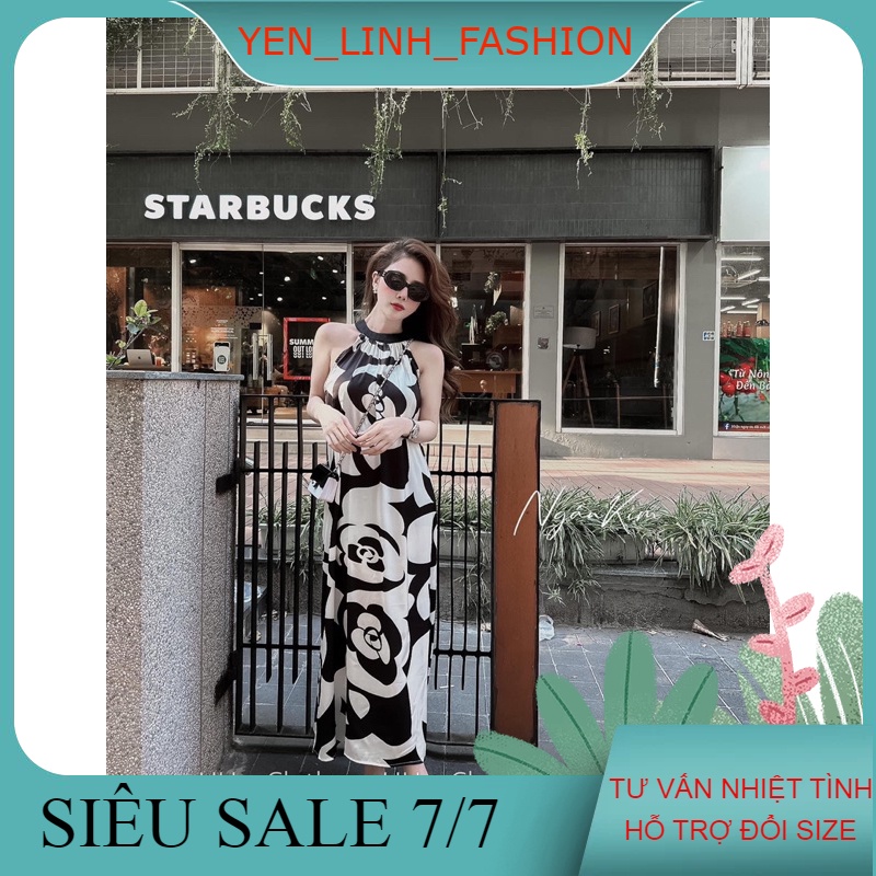Váy cổ yếm đầm maxi lụa hoa cổ yếm siêu xinh kèm ảnh thật