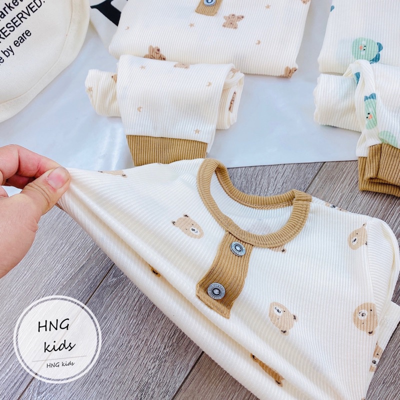 Bộ dài tay thu đông in gấu chất thun tăm cao cấp mềm ấm co giãn cho bé trai bé gái