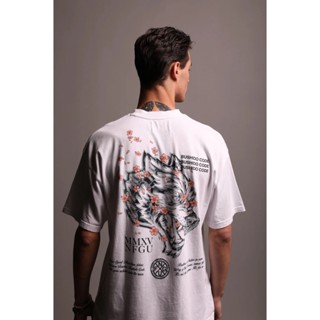 Darcsport Áo Thun cotton Ngắn Tay Dáng Rộng In Hình Đầu Sói Và Hoa Anh Đào Phong Cách Thể Thao Cho Nam Nữ