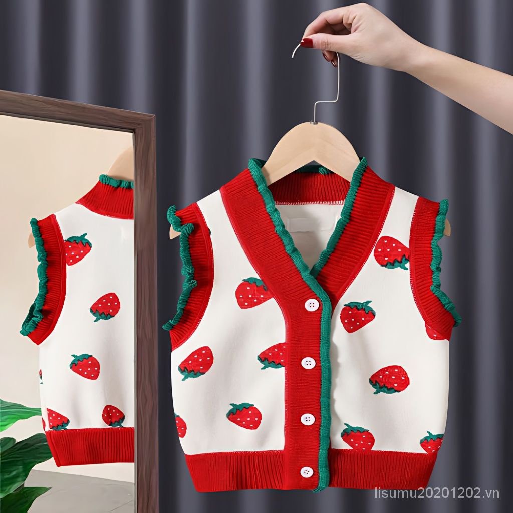 Áo Len Không Tay Lót Nhung Họa Tiết Dâu Tây Phong Cách Hàn Quốc Thời Trang Thu Đông Cho Bé Gái