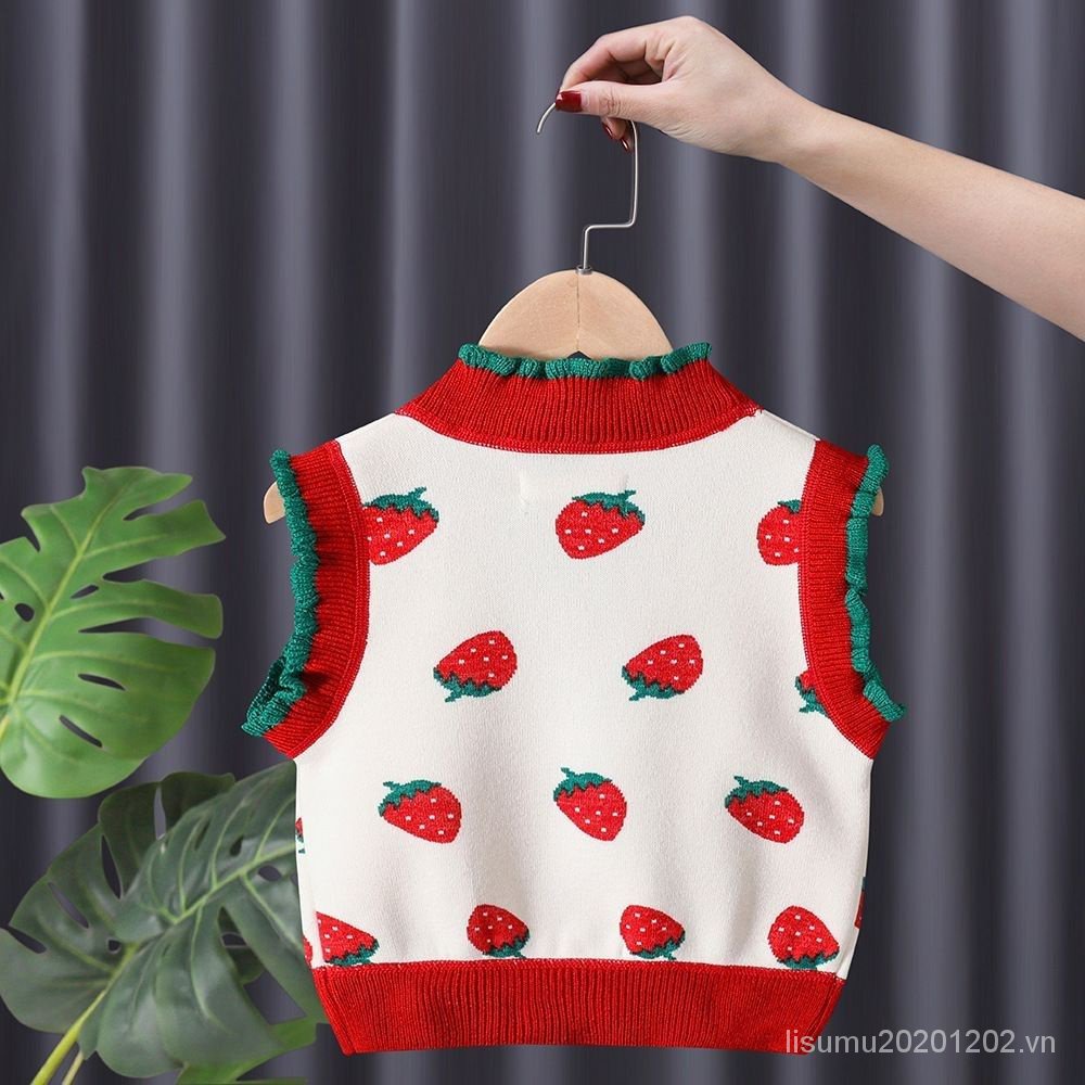 Áo Len Không Tay Lót Nhung Họa Tiết Dâu Tây Phong Cách Hàn Quốc Thời Trang Thu Đông Cho Bé Gái