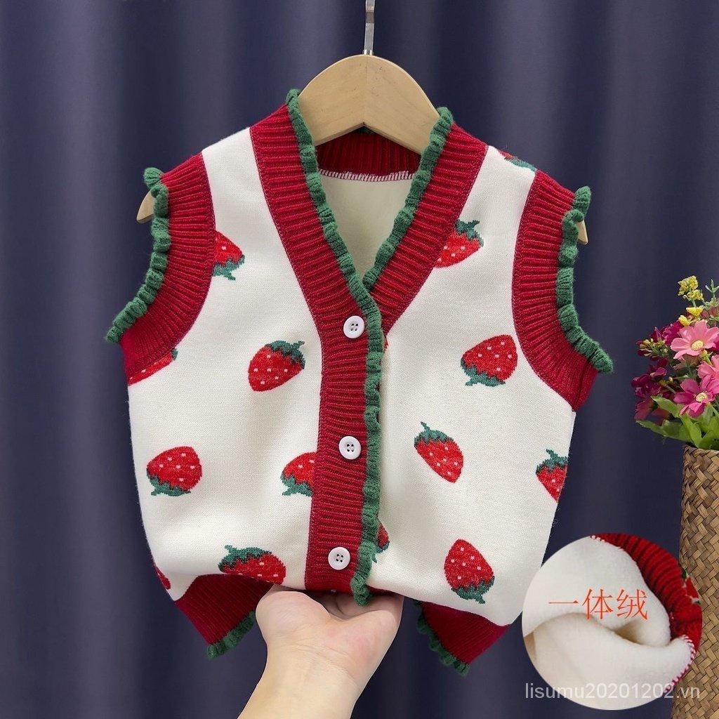 Áo Len Không Tay Lót Nhung Họa Tiết Dâu Tây Phong Cách Hàn Quốc Thời Trang Thu Đông Cho Bé Gái