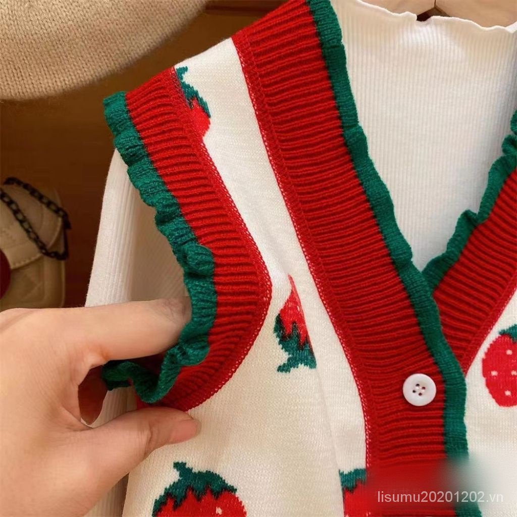 Áo Len Không Tay Lót Nhung Họa Tiết Dâu Tây Phong Cách Hàn Quốc Thời Trang Thu Đông Cho Bé Gái