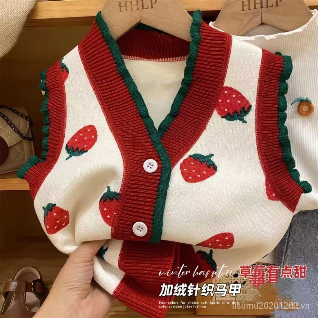 Áo Len Không Tay Lót Nhung Họa Tiết Dâu Tây Phong Cách Hàn Quốc Thời Trang Thu Đông Cho Bé Gái