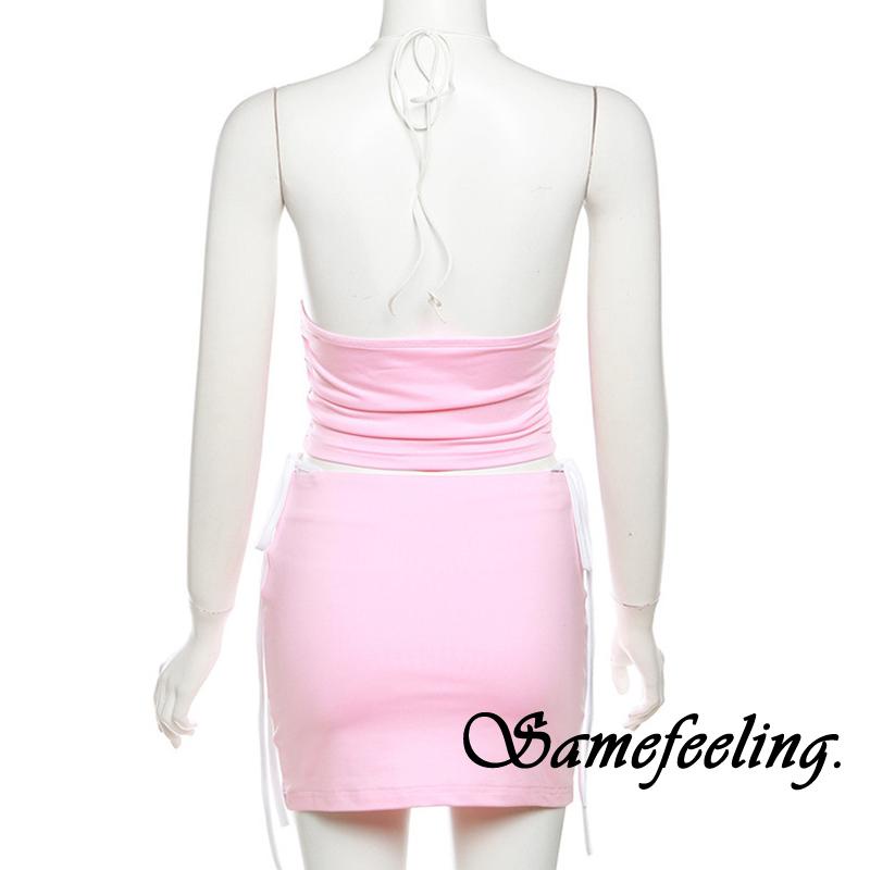 Set Áo 2 Dây Phối Chân Váy Ngắn Lưng Thấp Màu Sắc Tương Phản Thời Trang Mùa Hè Xinh Xắn Cho Nữ