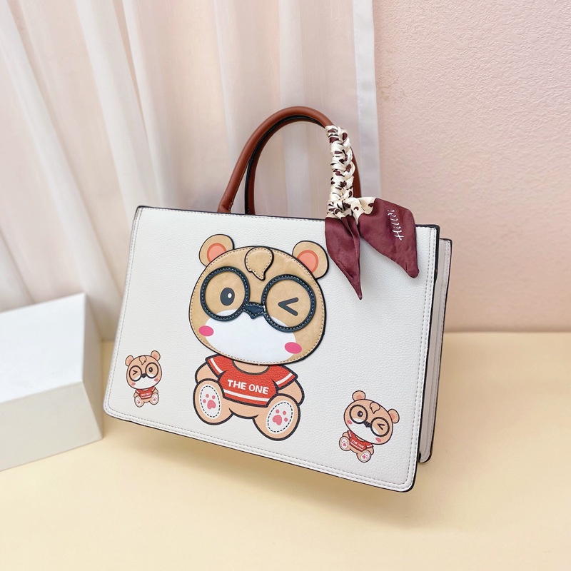Túi tote Đeo Vai In Hoạt Hình Gấu Phối Màu Tương Phản Dễ Thương