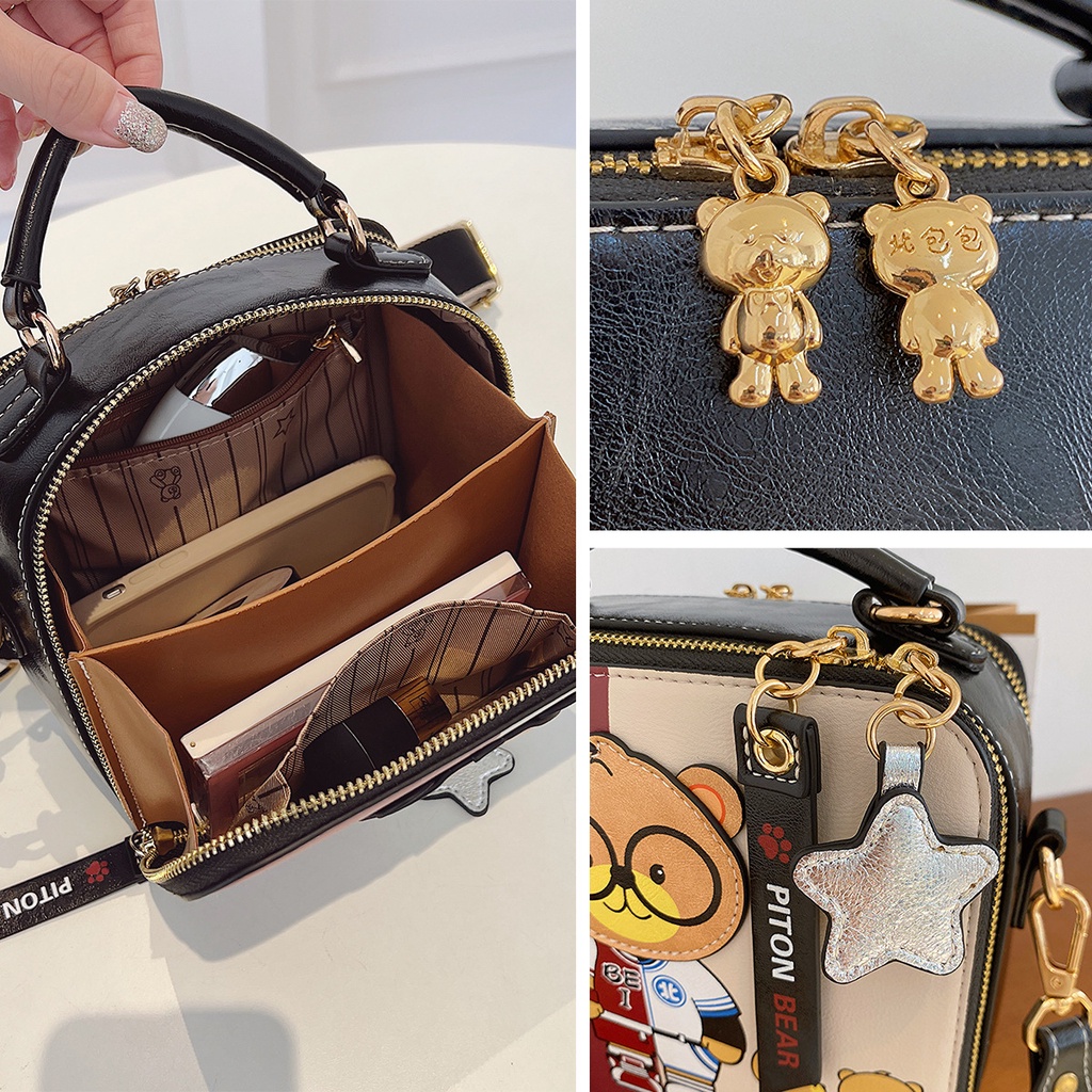 Mới Túi Xách Đeo Vai Nhiều Ngăn Hình Vuông Hoạ Tiết Gấu Xinh Xắn