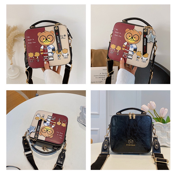 Mới Túi Xách Đeo Vai Nhiều Ngăn Hình Vuông Hoạ Tiết Gấu Xinh Xắn
