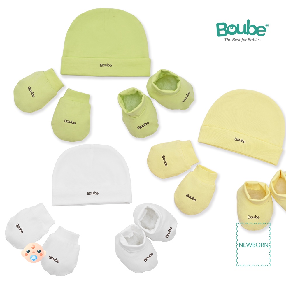 Set phụ kiện mũ, bao chân, bao tay nhiều màu sắc cho trẻ sơ sinh Boube, vải Cotton Organic thoáng mát - Size Newborn