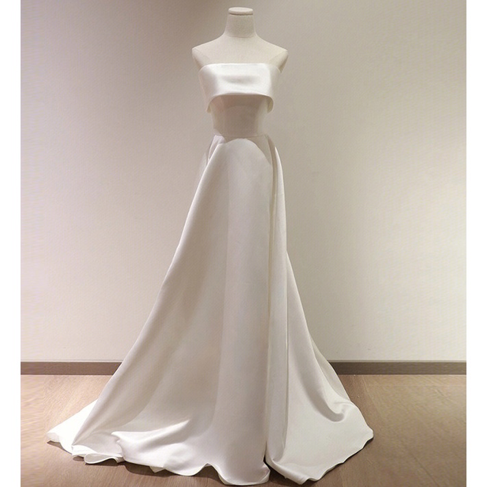 Váy cưới đơn giản satin không tay cô dâu bãi cỏ bên bờ biển đám cưới tuần trăng mật du lịch thời trang váy dài màu trắng