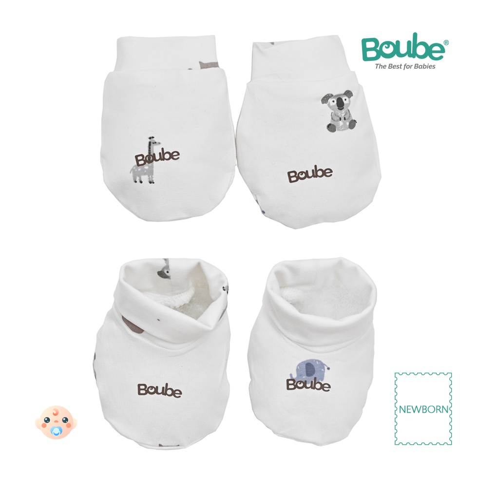 Set phụ kiện mũ, bao chân, bao tay họa tiết dễ thương cho bé sơ sinh Boube, vải Cotton organic thoáng mát - size Newborn