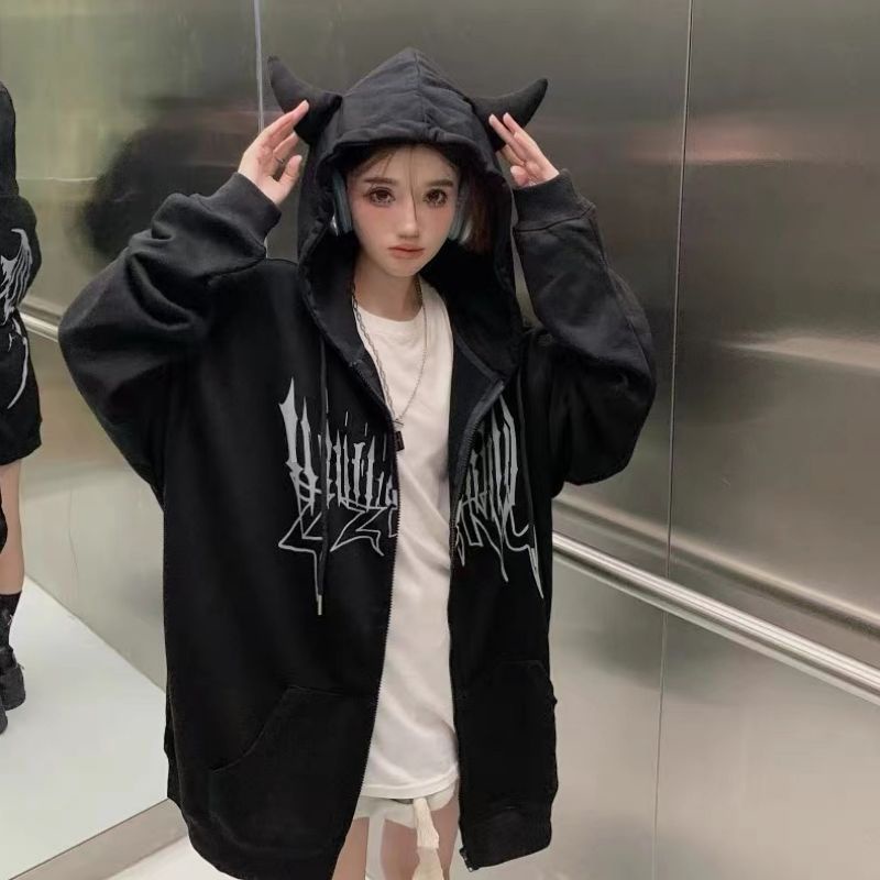 Áo Khoác Hoodie Tay Dài Vải Lông Cừu Dày In Hình Ác Quỷ Thời Trang Thu Đông Cá Tính