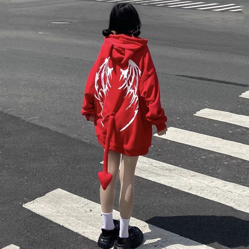 Áo Khoác Hoodie Tay Dài Vải Lông Cừu Dày In Hình Ác Quỷ Thời Trang Thu Đông Cá Tính