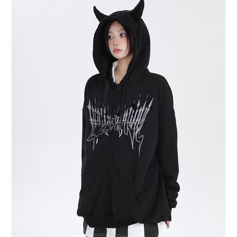 Áo Khoác Hoodie Tay Dài Vải Lông Cừu Dày In Hình Ác Quỷ Thời Trang Thu Đông Cá Tính