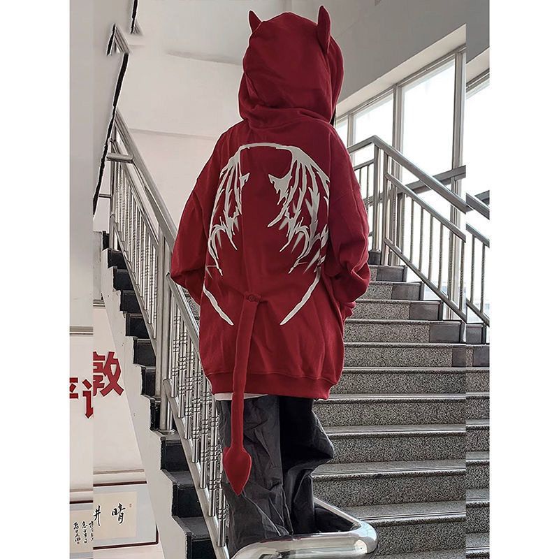 Áo Khoác Hoodie Tay Dài Vải Lông Cừu Dày In Hình Ác Quỷ Thời Trang Thu Đông Cá Tính