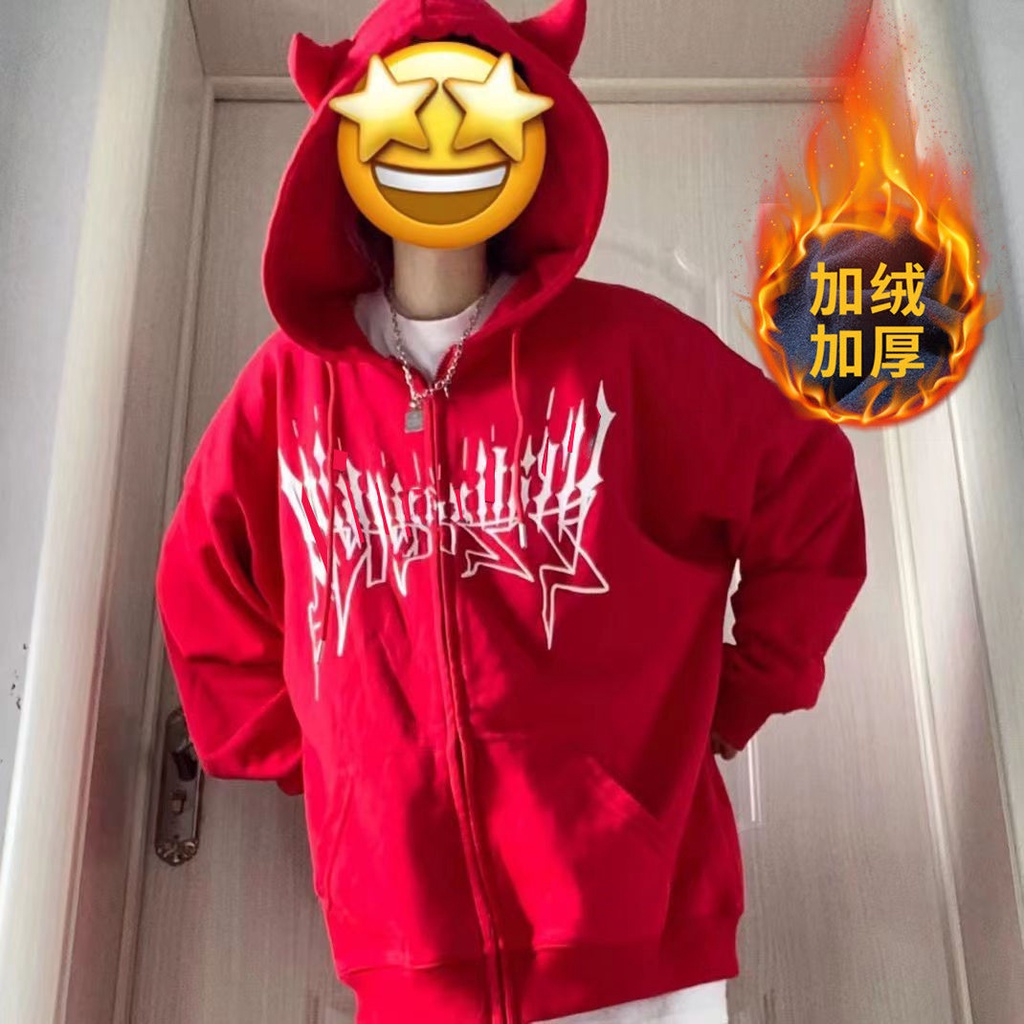 Áo Khoác Hoodie Tay Dài Vải Lông Cừu Dày In Hình Ác Quỷ Thời Trang Thu Đông Cá Tính