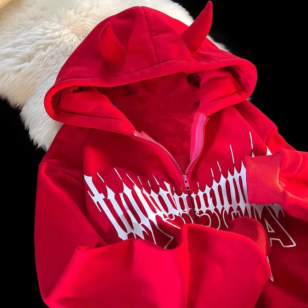 Áo Khoác Hoodie Tay Dài Vải Lông Cừu Dày In Hình Ác Quỷ Thời Trang Thu Đông Cá Tính
