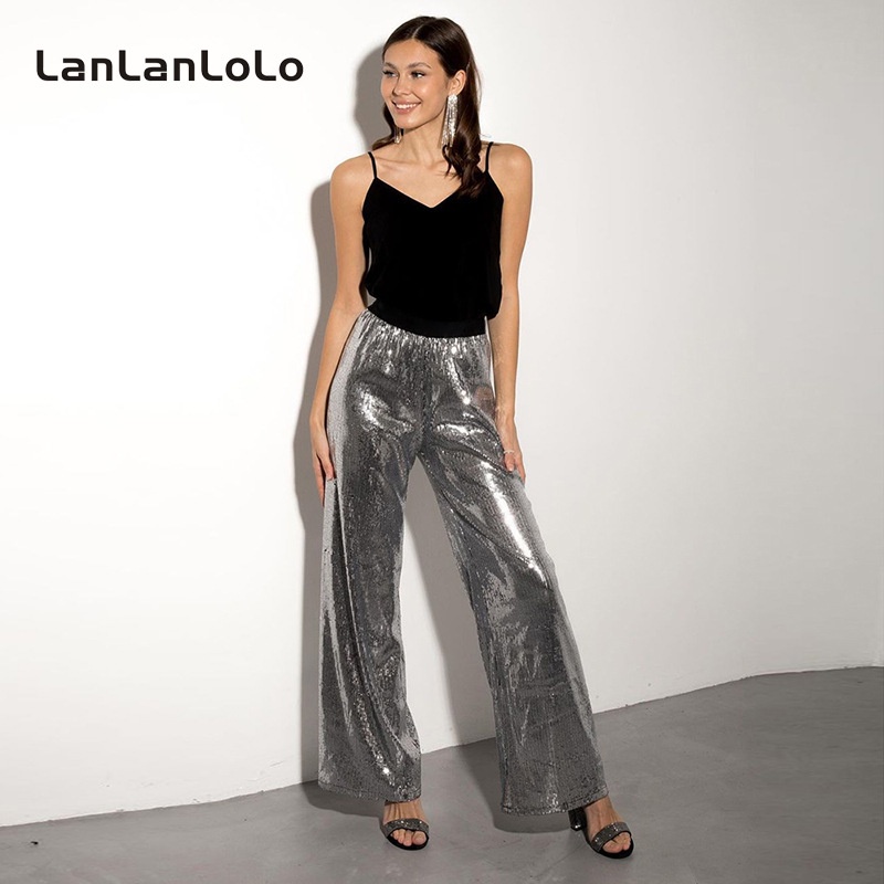 Lanlanlolo Quần Ống Rộng Màu Trơn Đính Kim Sa Lấp Lánh Thời Trang 2023 Cho Nữ
