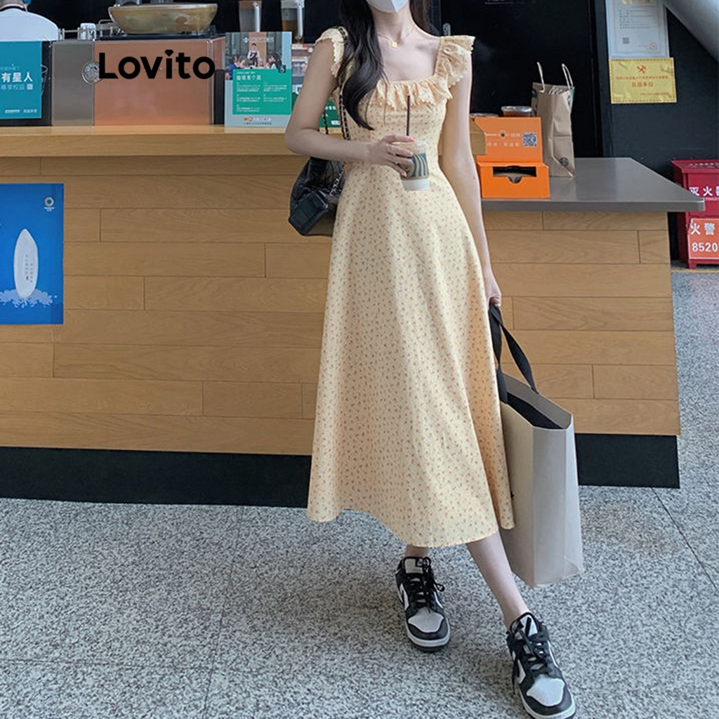 Đầm Lovito viền nhún bèo họa tiết hoa thường ngày cho nữ LNA13097