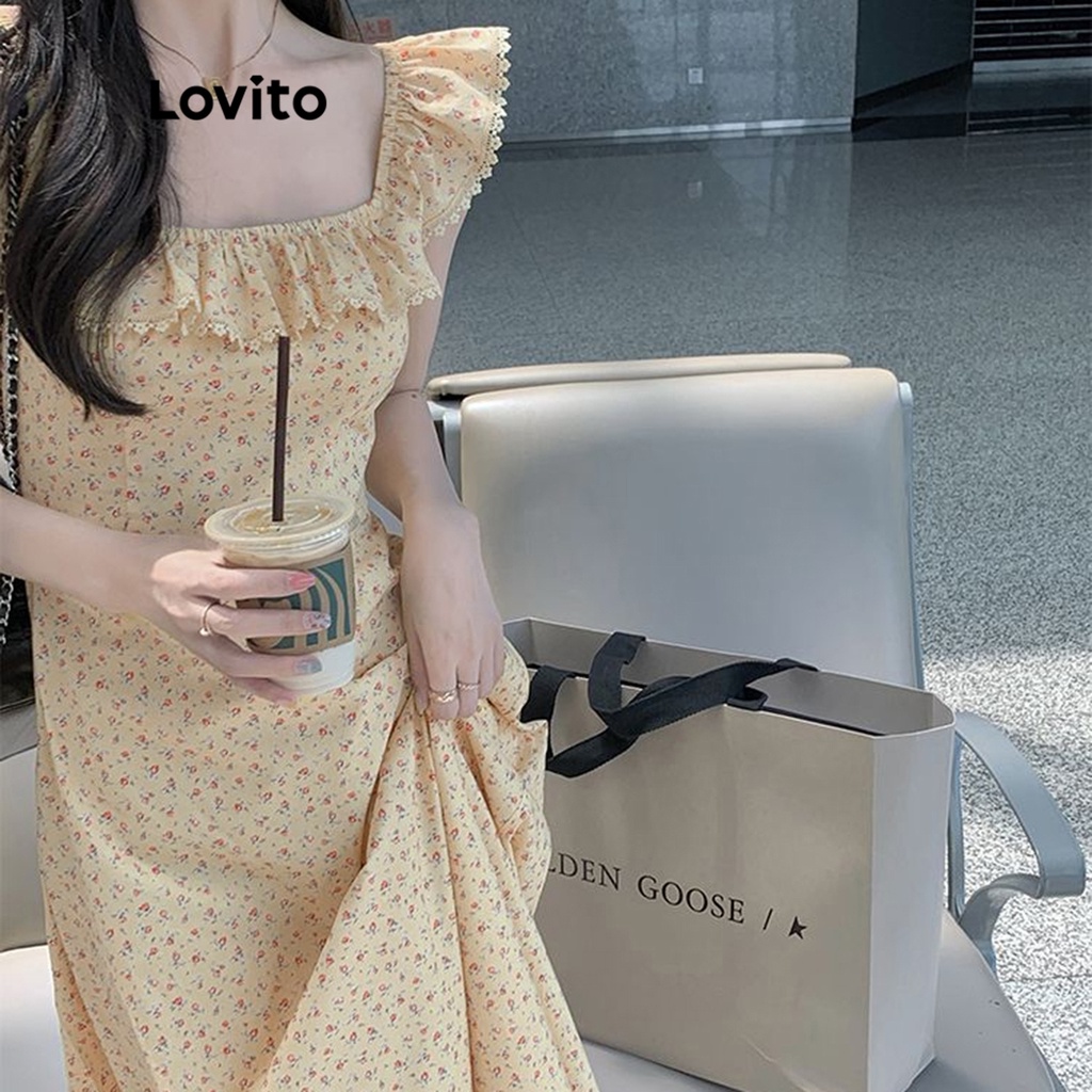 Đầm Lovito viền nhún bèo họa tiết hoa thường ngày cho nữ LNA13097