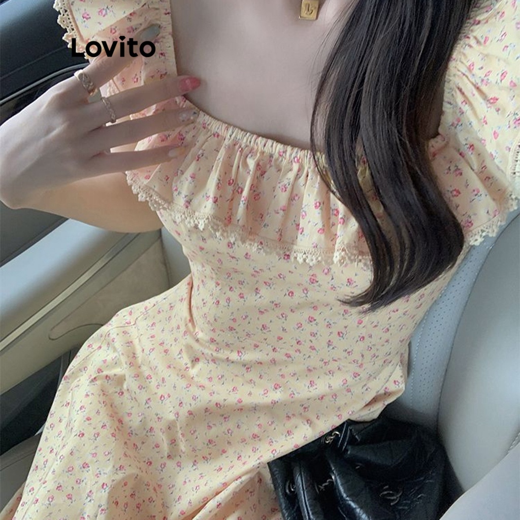 Đầm Lovito viền nhún bèo họa tiết hoa thường ngày cho nữ LNA13097