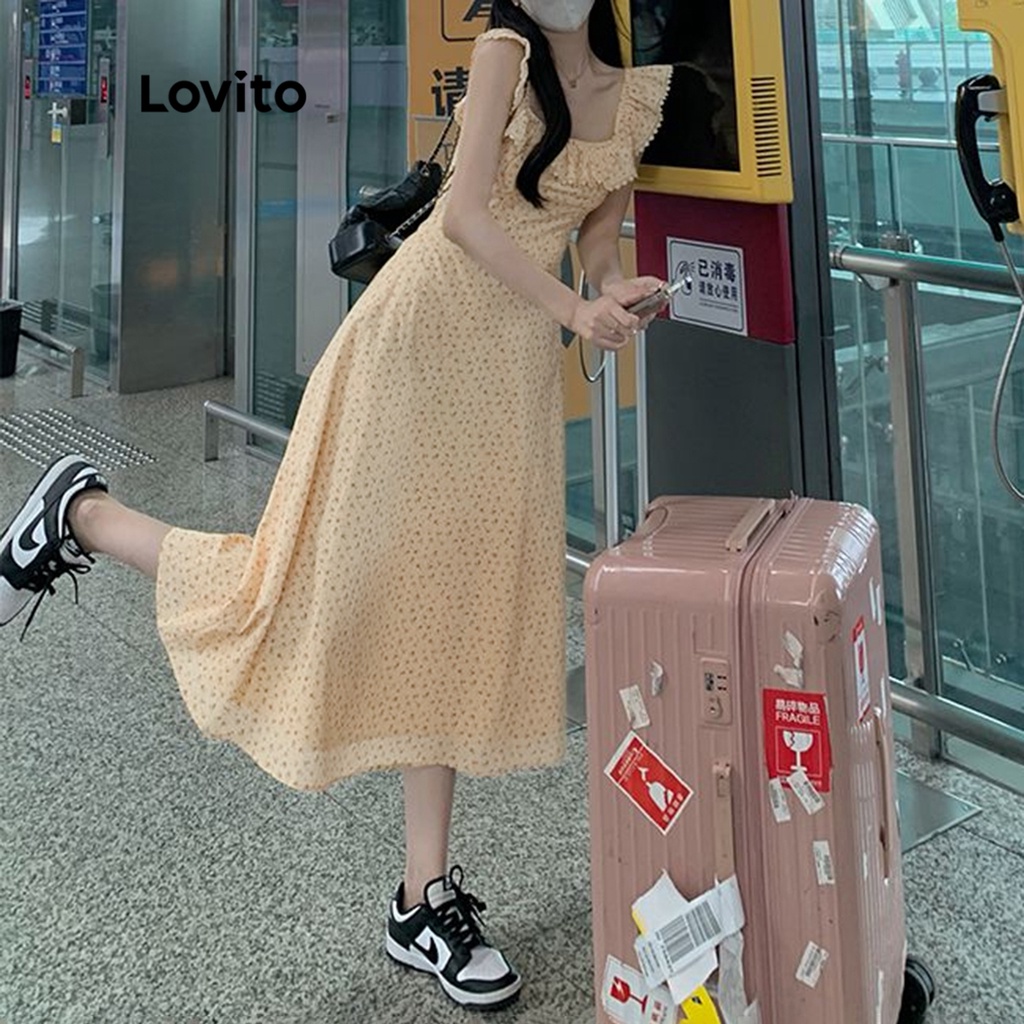 Đầm Lovito viền nhún bèo họa tiết hoa thường ngày cho nữ LNA13097