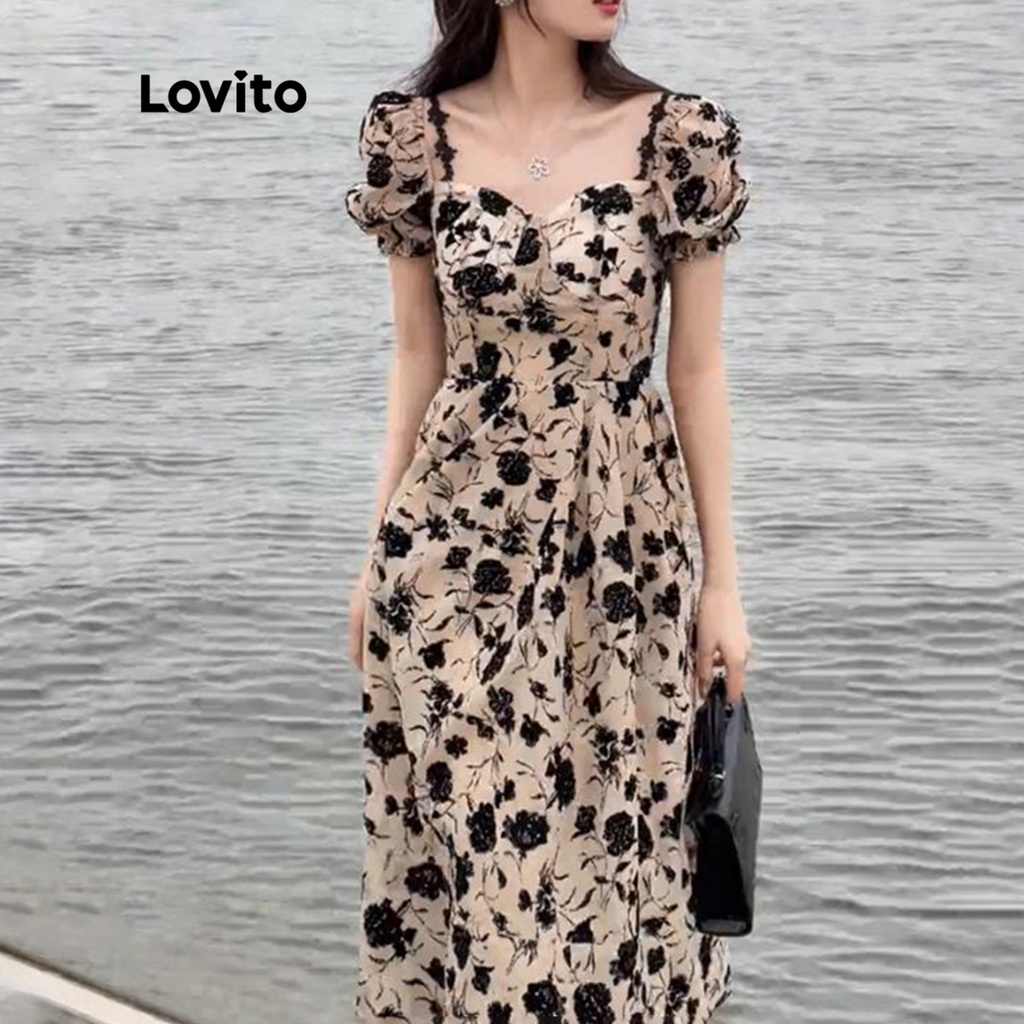 Đầm midi Lovito tay ngắn cổ yếm xếp nếp họa tiết hoa thường ngày cho nữ LNA13006 (Kaki)