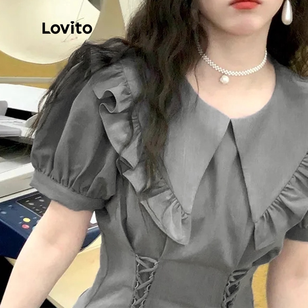 Đầm Lovito buộc dây phía trước màu trơn thường ngày cho nữ LNA13098 (Xám)