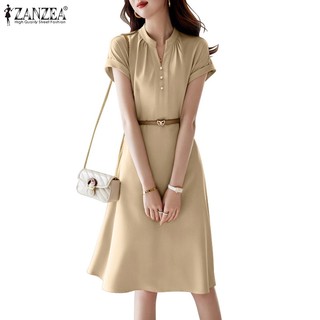 Zanzea Đầm midi Nữ Tay Ngắn Cổ Đứng Màu Trơn Phong Cách Hàn Quốc