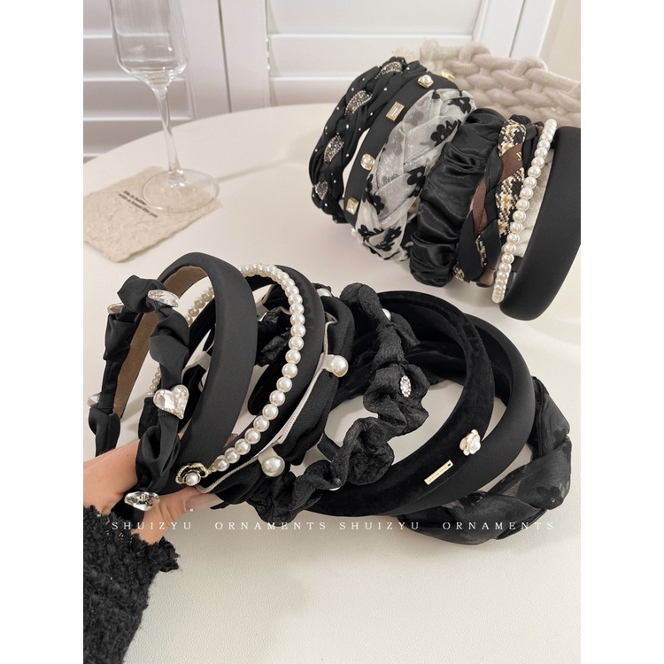 Băng Đô Cài Tóc Rửa Mặt Áp Suất Cao Hình Đầu Lâu Màu Đen Đính Ngọc Trai Phong Cách Mới Năm 2023