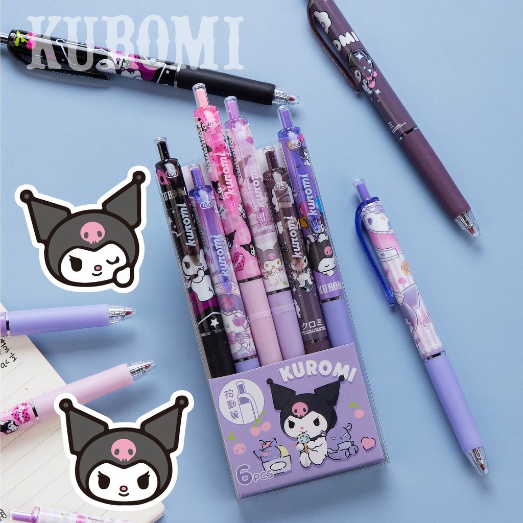 SANRIO Bộ 6 Bút Mực gel Dạng Nhấn Nhanh Khô Hình hello kitty / Gấu / Dâu Tây Dễ Thương Cho Học Sinh