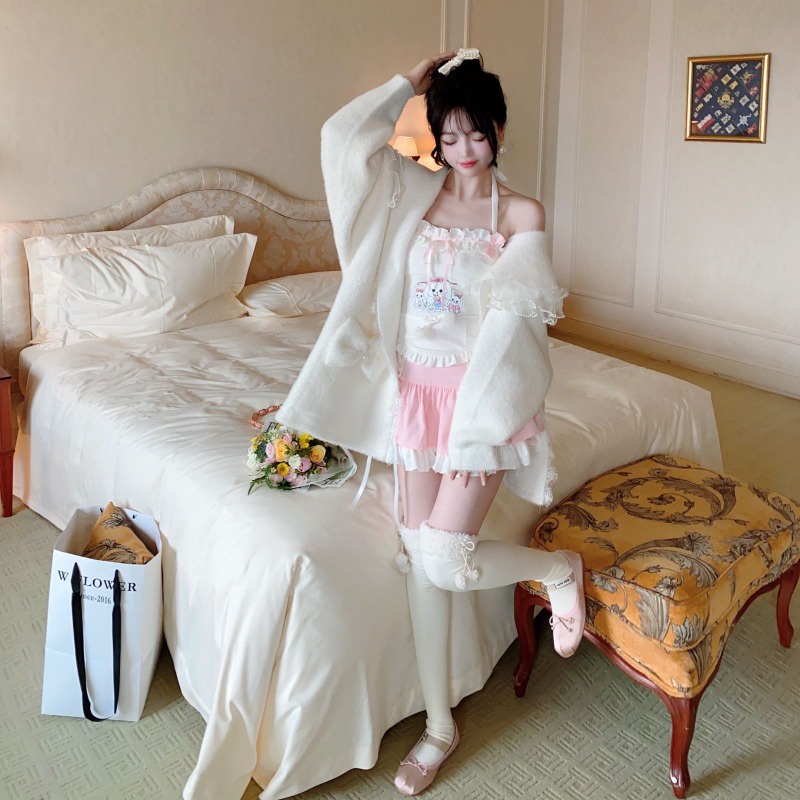 Áo Hai Dây Phối Ren Thắt Nơ In Họa Tiết Cún Con Dành Cho Nữ