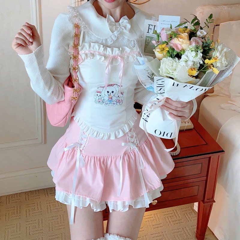 Áo Hai Dây Phối Ren Thắt Nơ In Họa Tiết Cún Con Dành Cho Nữ