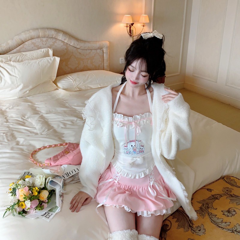 Áo Hai Dây Phối Ren Thắt Nơ In Họa Tiết Cún Con Dành Cho Nữ