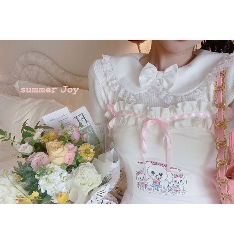 Áo Hai Dây Phối Ren Thắt Nơ In Họa Tiết Cún Con Dành Cho Nữ