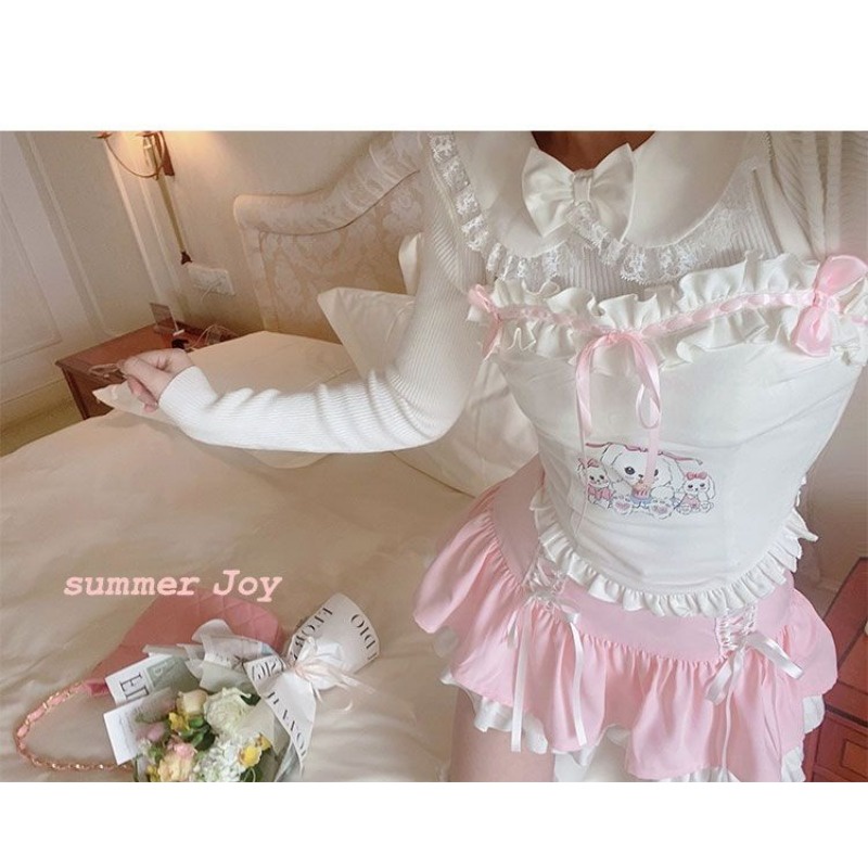 Áo Hai Dây Phối Ren Thắt Nơ In Họa Tiết Cún Con Dành Cho Nữ