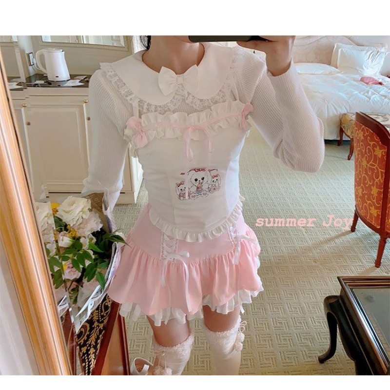 Áo Hai Dây Phối Ren Thắt Nơ In Họa Tiết Cún Con Dành Cho Nữ