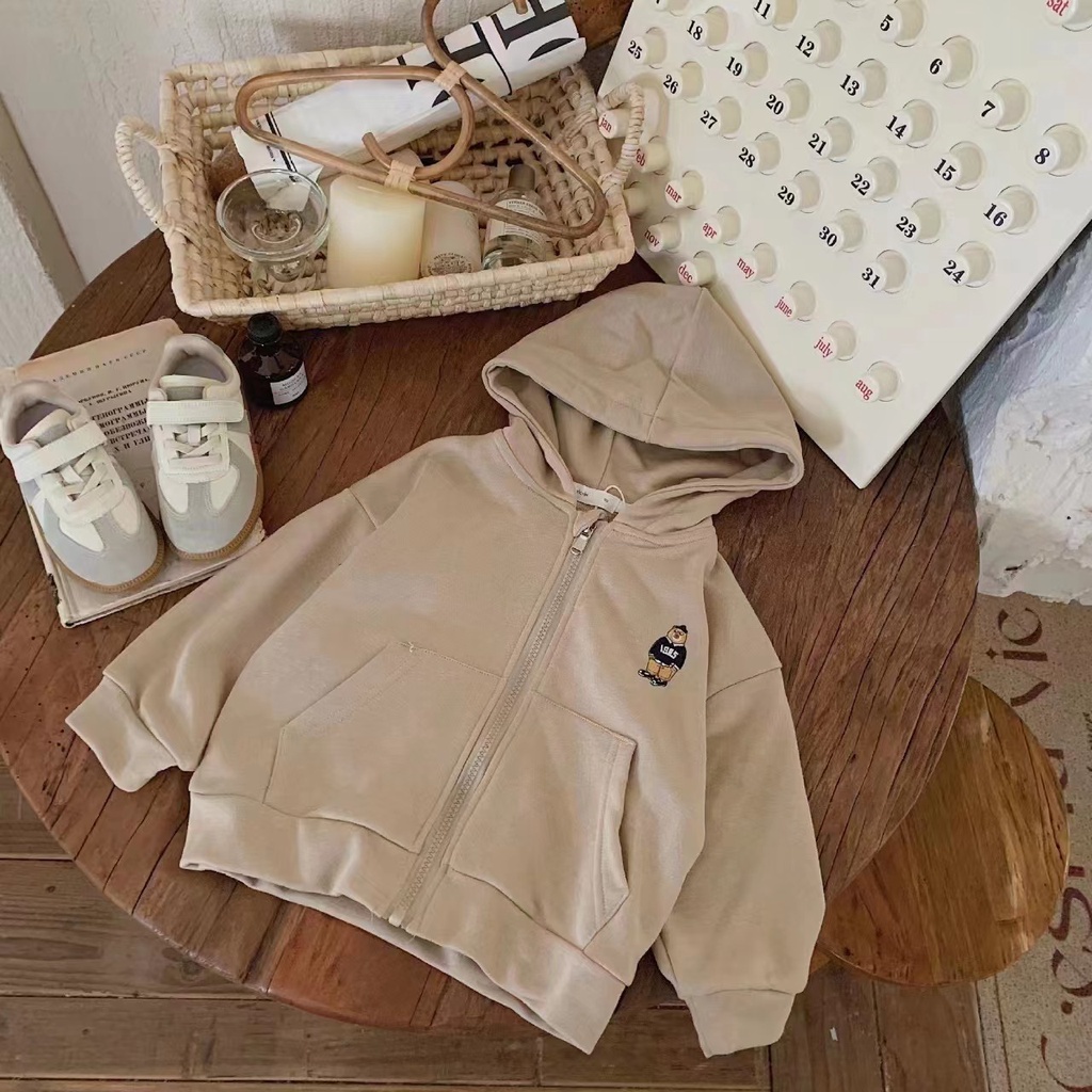 Áo Khoác cardigan Có Nón Tay Dài Không Phai Màu Thêu Hình Gấu Phong Cách Hàn Quốc Dễ Phối Đồ Thời Trang Xuân Thu Cho Nam Và Nữ