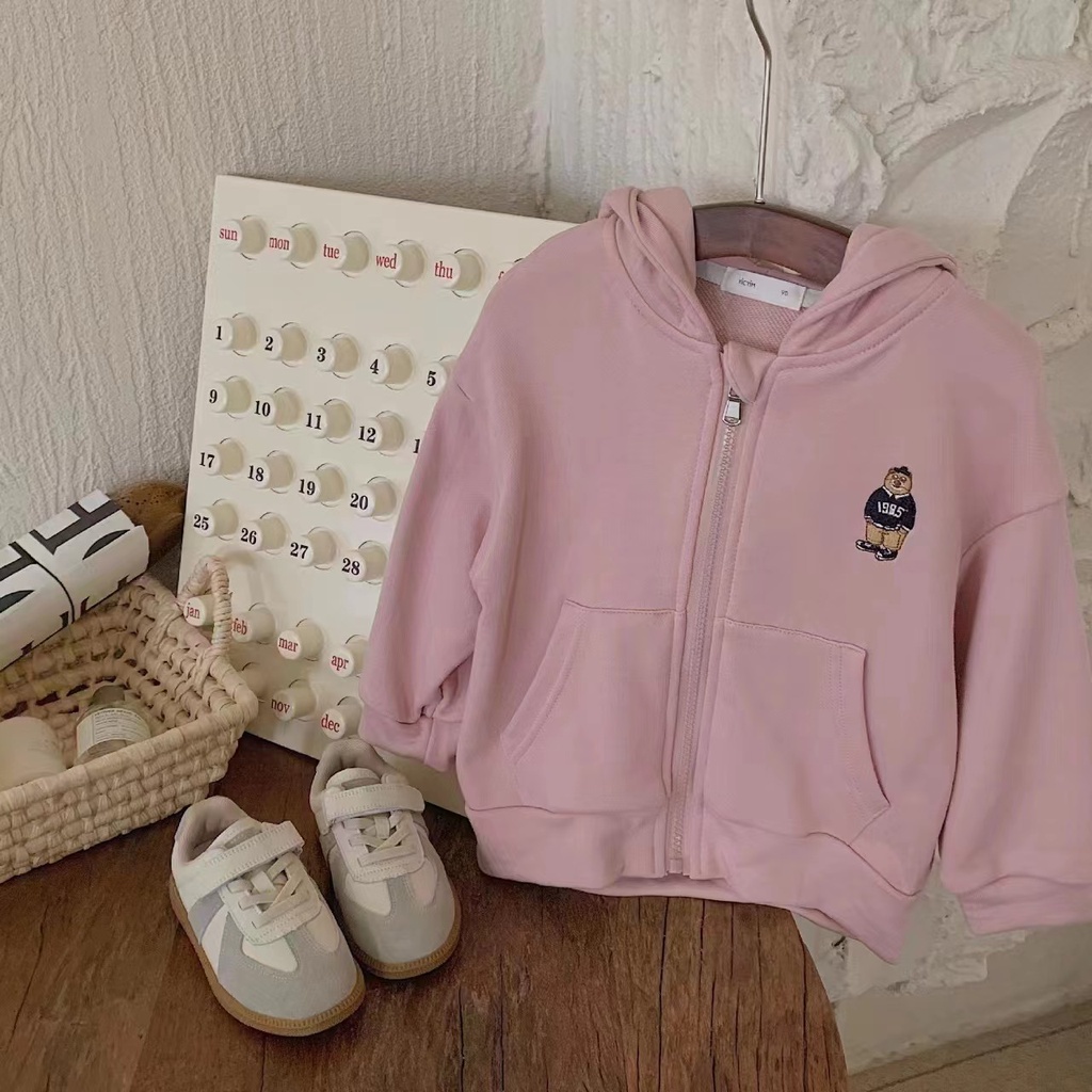 Áo Khoác cardigan Có Nón Tay Dài Không Phai Màu Thêu Hình Gấu Phong Cách Hàn Quốc Dễ Phối Đồ Thời Trang Xuân Thu Cho Nam Và Nữ