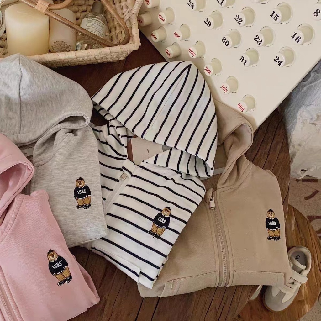 Áo Khoác cardigan Có Nón Tay Dài Không Phai Màu Thêu Hình Gấu Phong Cách Hàn Quốc Dễ Phối Đồ Thời Trang Xuân Thu Cho Nam Và Nữ