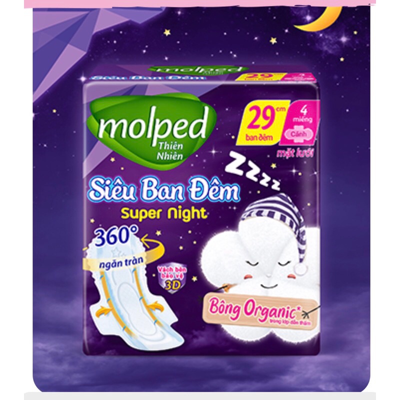 Sỉ 4 gói Băng vệ sinh ban đêm Molped bông organic siêu thấm hút