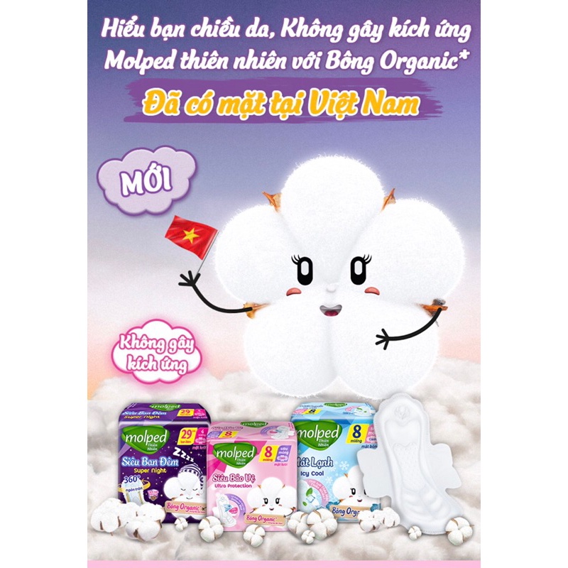 Sỉ 4 gói Băng vệ sinh ban đêm Molped bông organic siêu thấm hút