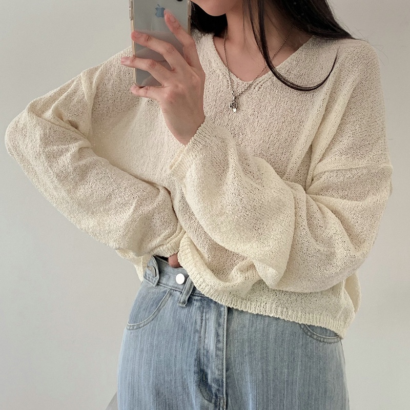 New loose lazy style V-neck sunscreen blouse Korean Spring and Autumn long sleeve knitted pullover sweater women's top MC women's clothing YPLZ